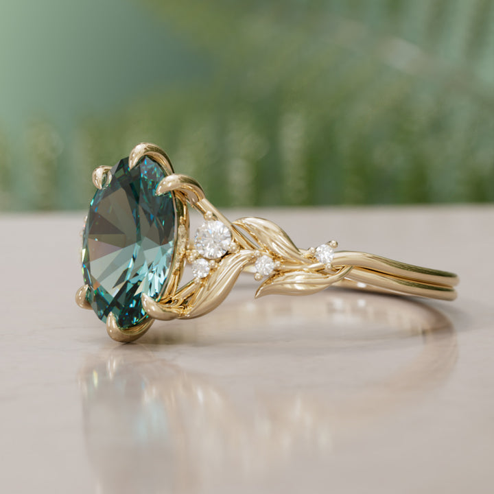 Celria Oval Teal Sapphire Fantasy Engagement Ring Nature Inspired with Leaves (Setting Only) By Valley Rose