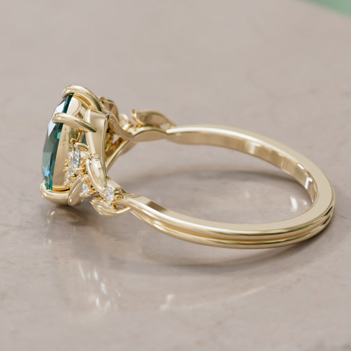 Celria Oval Teal Sapphire Fantasy Engagement Ring Nature Inspired with Leaves (Setting Only) By Valley Rose