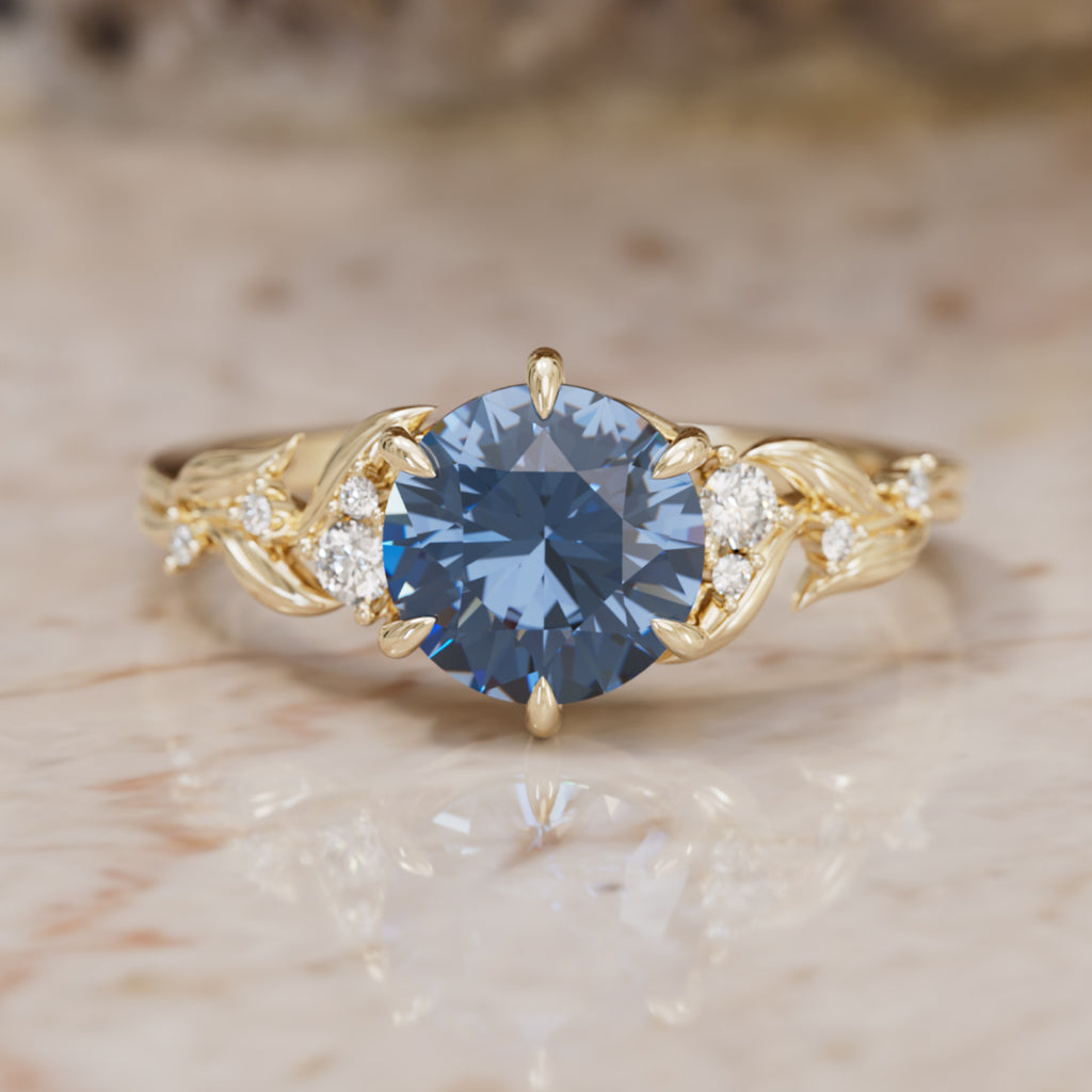 Blue Sapphire Engagement Ring: Celria Round Cut Flower Ring Nature Inspired (Setting Only) By Valley Rose