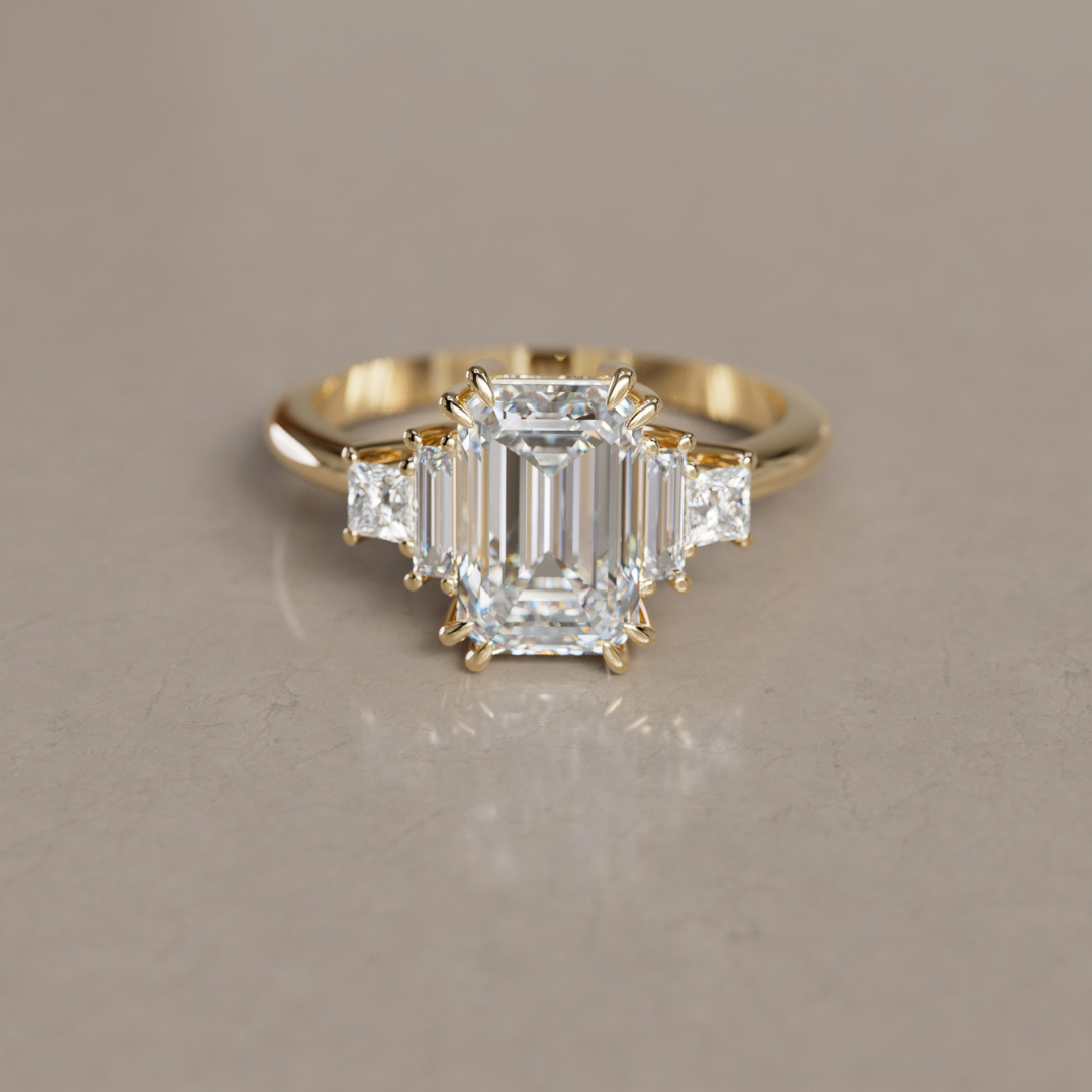 Christy Emerald Cut Lab Diamond Unique Art Deco Engagement Ring By Valley Rose