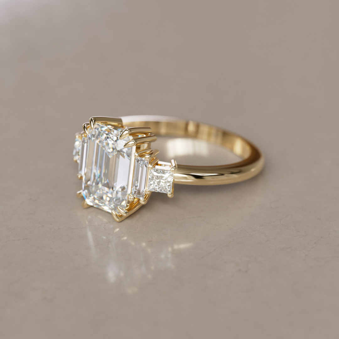 Christy Emerald Cut Lab Diamond Unique Art Deco Engagement Ring By Valley Rose