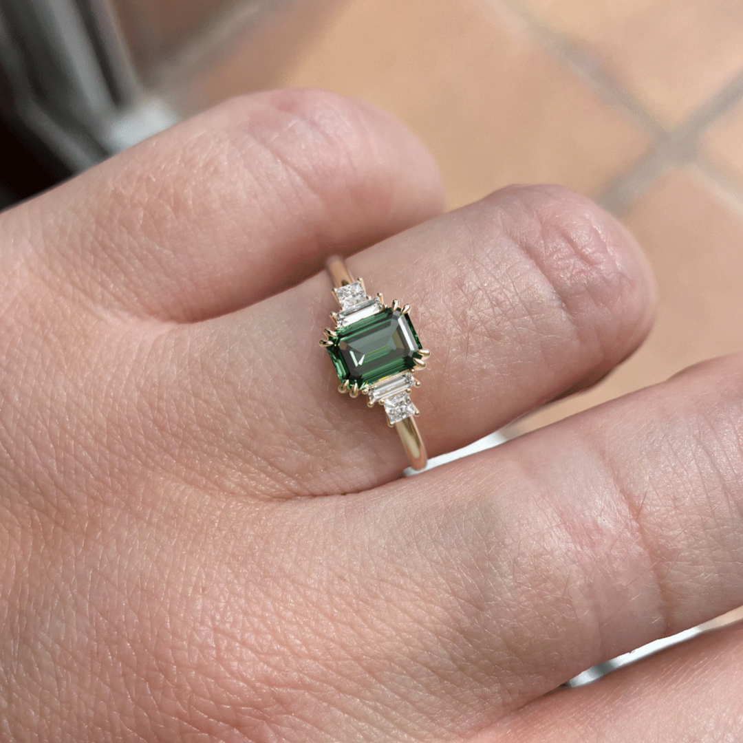 Unique Engagement Ring Five Stone Emerald Cut Green Sapphire and Unique Engagement Ring Five Stone Emerald Cut Green Sapphire and