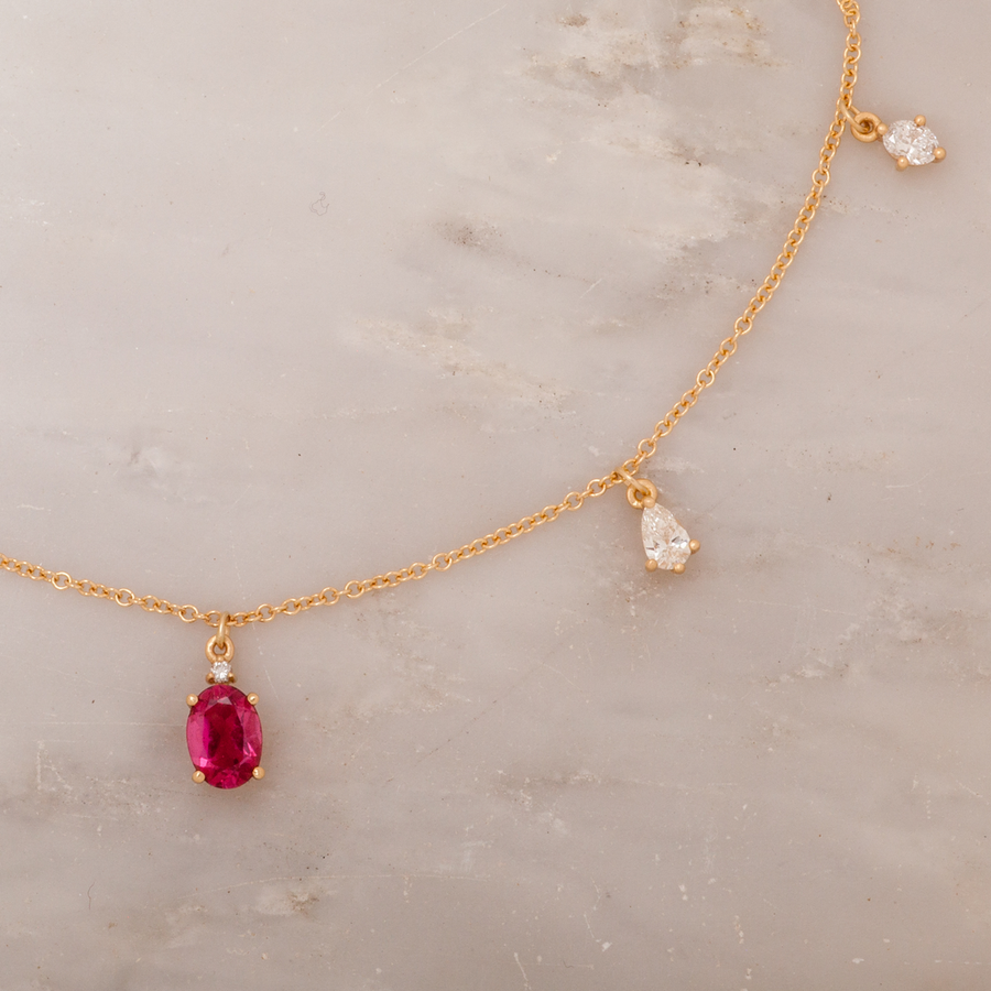 Oval Garnet and Diamond Fringe Charm Gold Necklace By Valley Rose Ethical Jewelry