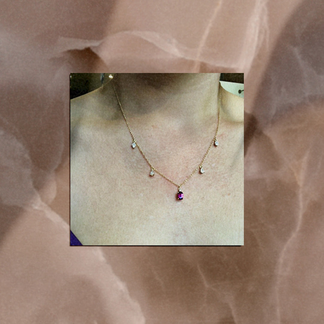 Oval Garnet and Diamond Fringe Charm Gold Necklace By Valley Rose Ethical Jewelry