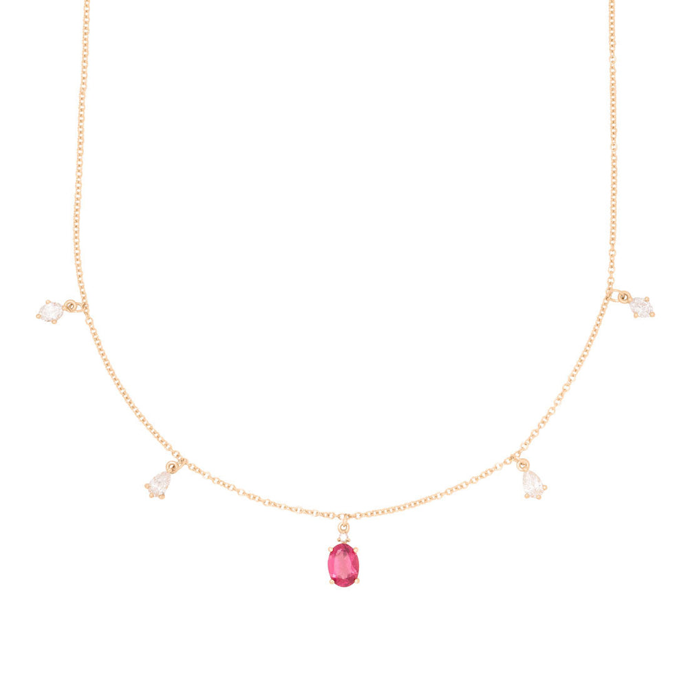 Oval Garnet and Diamond Fringe Charm Gold Necklace By Valley Rose Ethical Jewelry