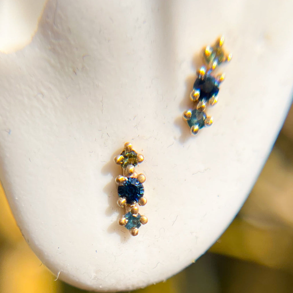 Colorful Gradient Blue Sapphire and 14k Fairmined Gold Stud Earrings By Valley Rose