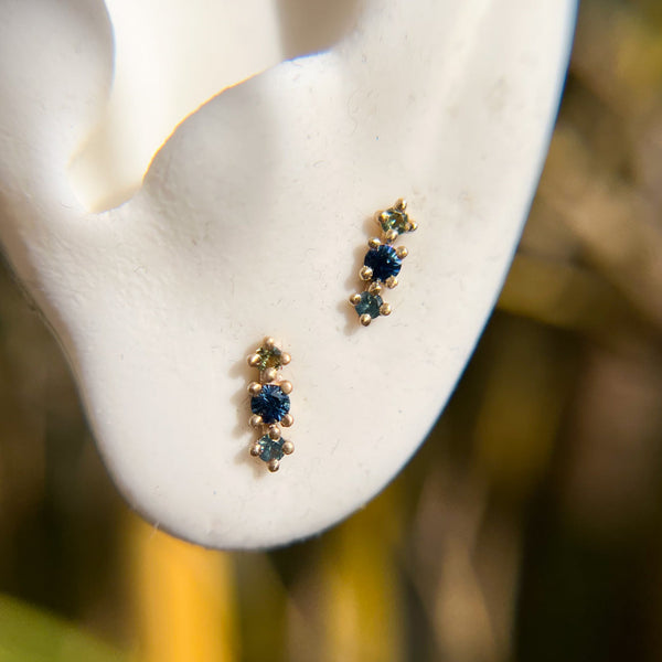 Colorful Gradient Blue Sapphire and 14k Fairmined Gold Stud Earrings By Valley Rose