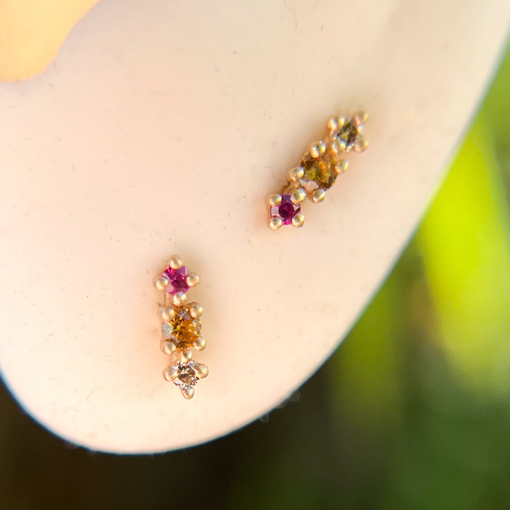 Colorful Pink & Orange Sapphire and Champagne Diamond 14k Gold Stud Earrings By Valley Rose