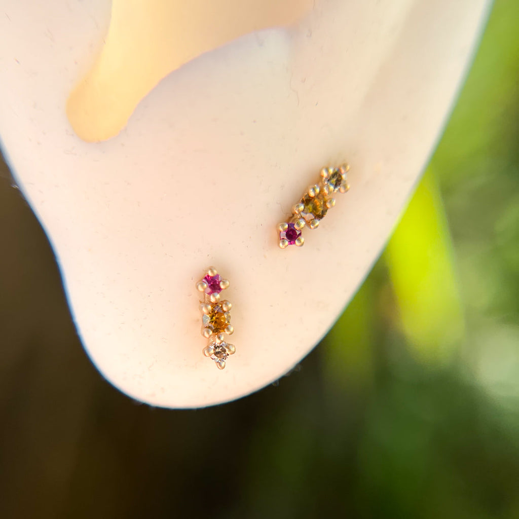 Colorful Pink & Orange Sapphire and Champagne Diamond 14k Gold Stud Earrings By Valley Rose