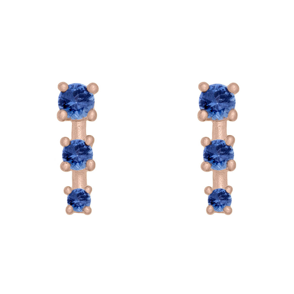 Blue Sapphire and Gold Mini Ear Climber Earrings - Unique Celestial Three Stone Studs Sinlge By Valley Rose Ethical Jewelry