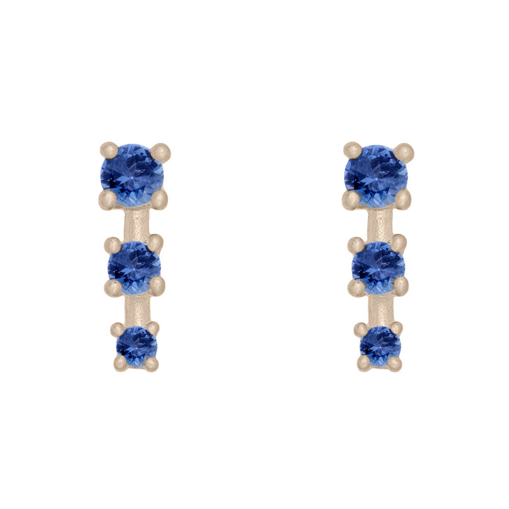 Blue Sapphire and Gold Mini Ear Climber Earrings - Unique Celestial Three Stone Studs Sinlge By Valley Rose Ethical Jewelry