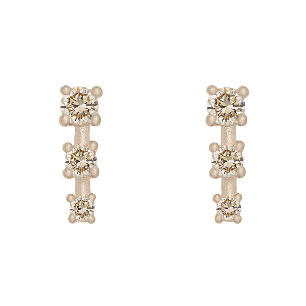 Champagne Diamond and Gold Mini Ear Climber Earrings - Unique Celestial Three Stone Studs Sinlge By Valley Rose Ethical Jewelry