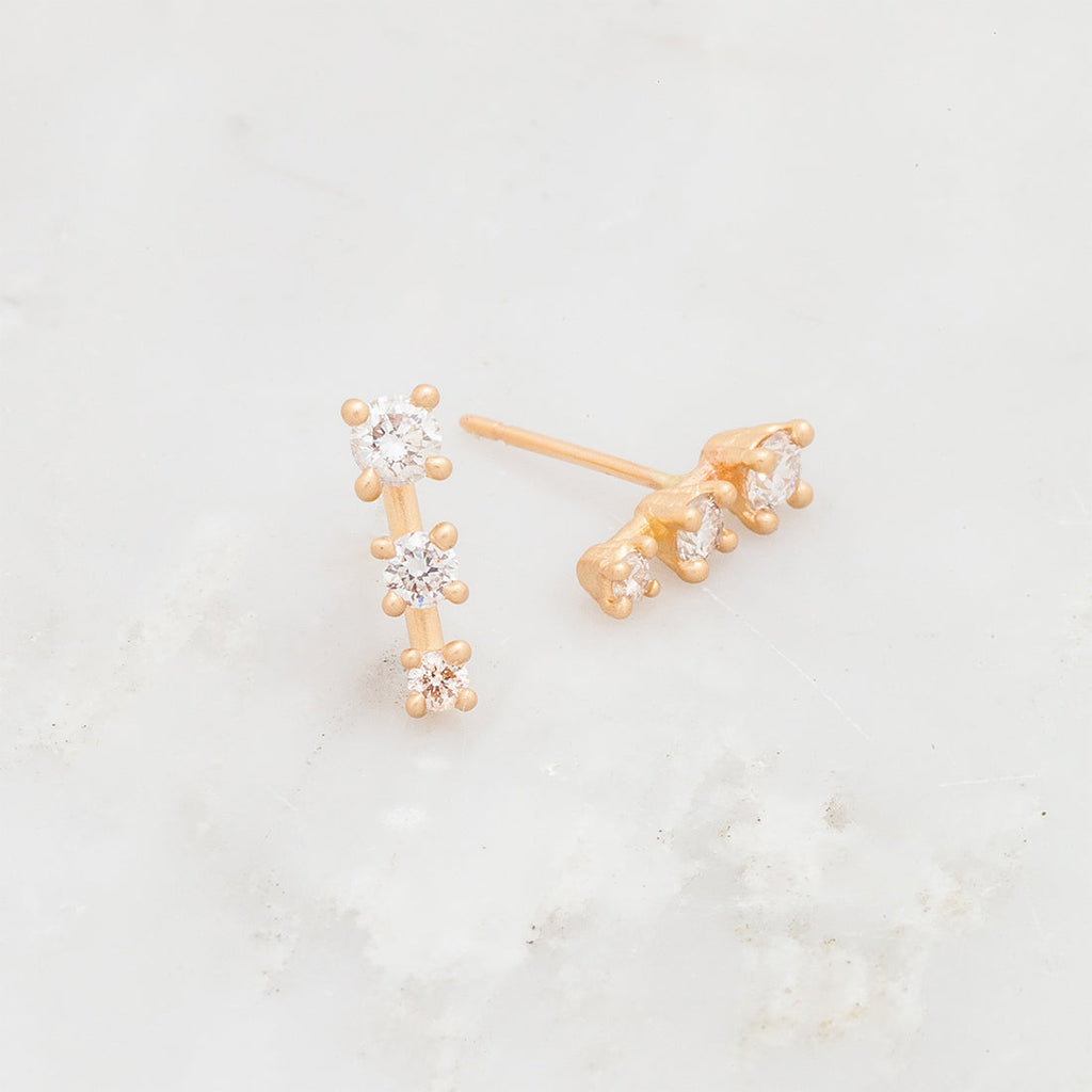 Ethical Diamond and Gold Mini Ear Climber Earrings - Unique Celestial Three Stone Studs Lab Diamond Sinlge By Valley Rose Ethical Jewelry