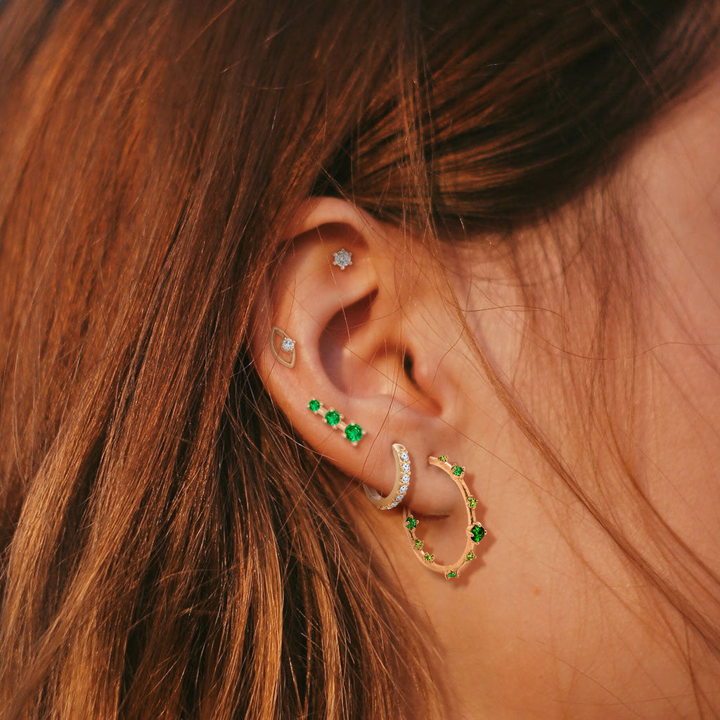 Emerald and Gold Mini Ear Climber Earrings - Unique Celestial Three Stone Studs Sinlge By Valley Rose Ethical Jewelry