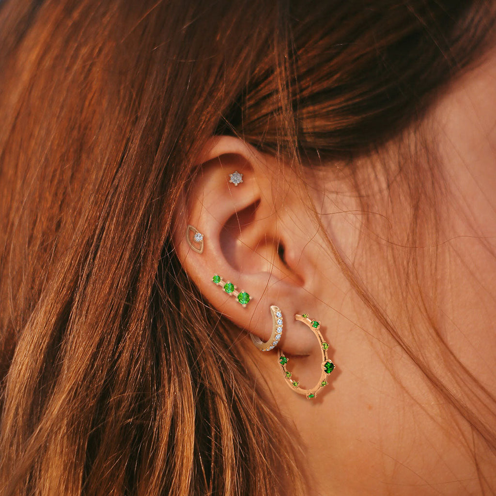 Green Tourmaline and Gold Mini Ear Climber Earrings - Unique Celestial Three Stone Studs Sinlge By Valley Rose Ethical Jewelry