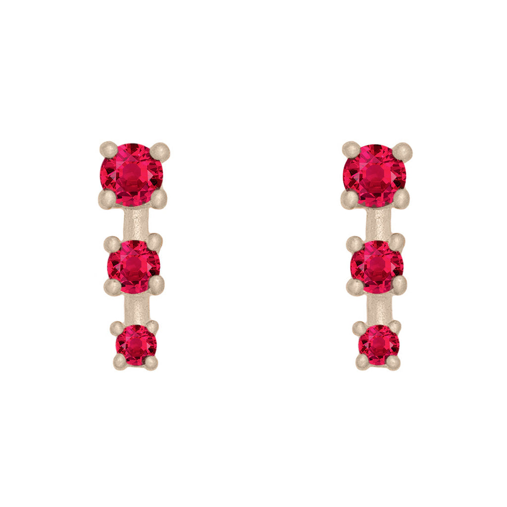 Red Ruby and Gold Mini Ear Climber Earrings - Unique Celestial Three Stone Studs Sinlge By Valley Rose Ethical Jewelry