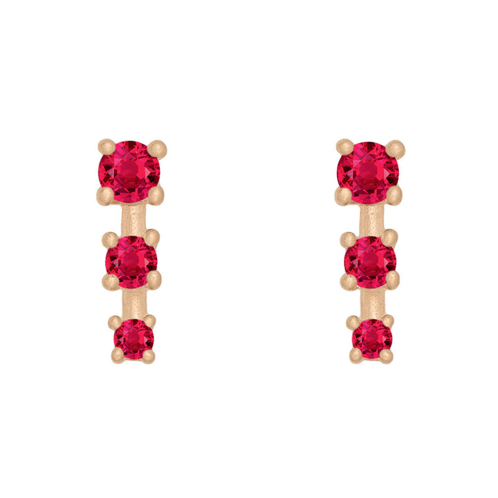 Red Ruby and Gold Mini Ear Climber Earrings - Unique Celestial Three Stone Studs Sinlge By Valley Rose Ethical Jewelry