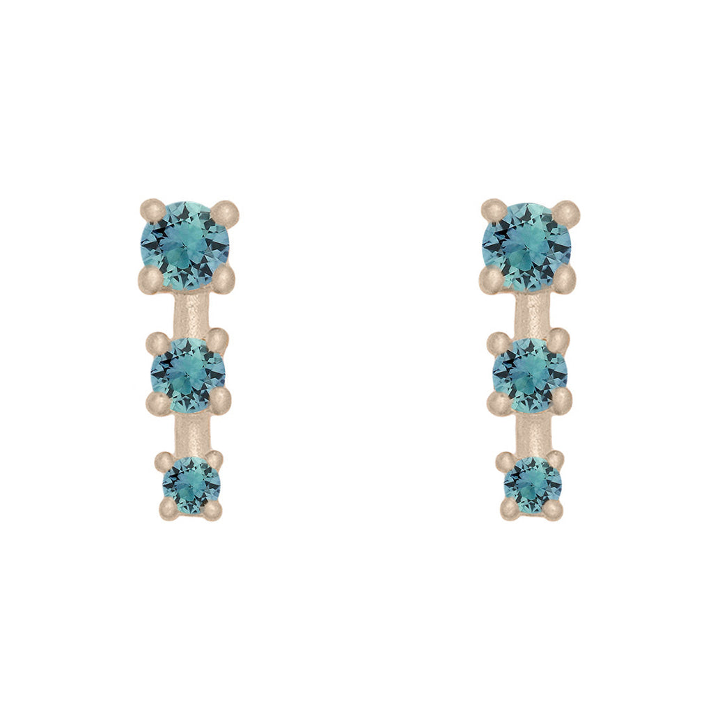 Teal Sapphire and Gold Mini Ear Climber Earrings - Unique Celestial Three Stone Studs Sinlge By Valley Rose Ethical Jewelry