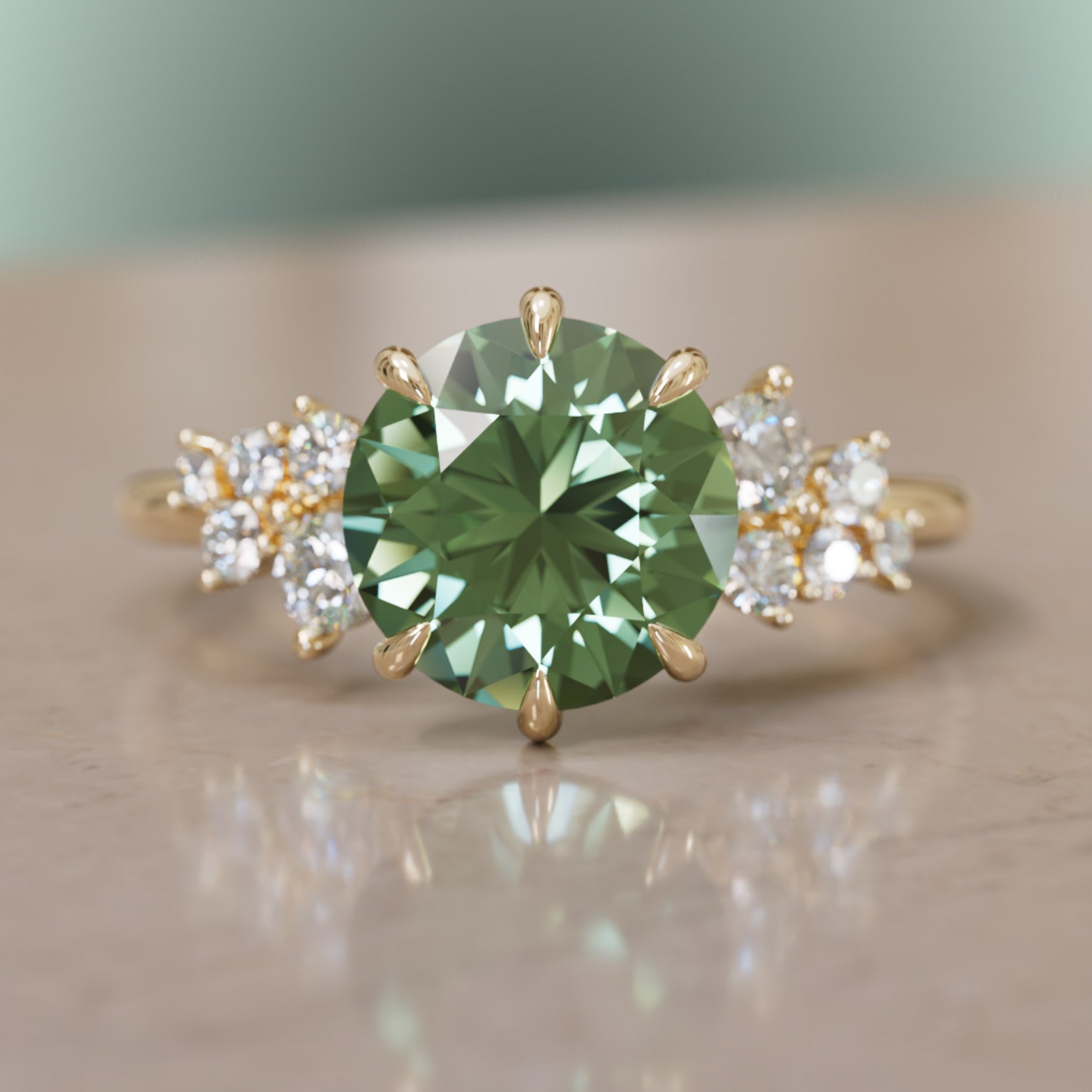Cosmia Round Green Sapphire Unique Celestial Engagement Ring