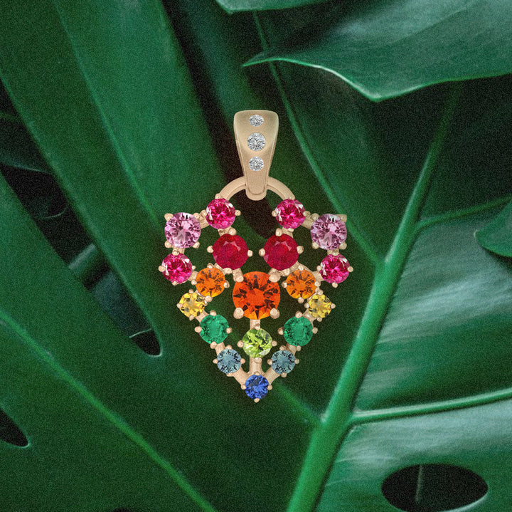Unique Celestial Rainbow Gemstone Pave Heart Charm in Gold By Valley Rose Ethical Jewelry