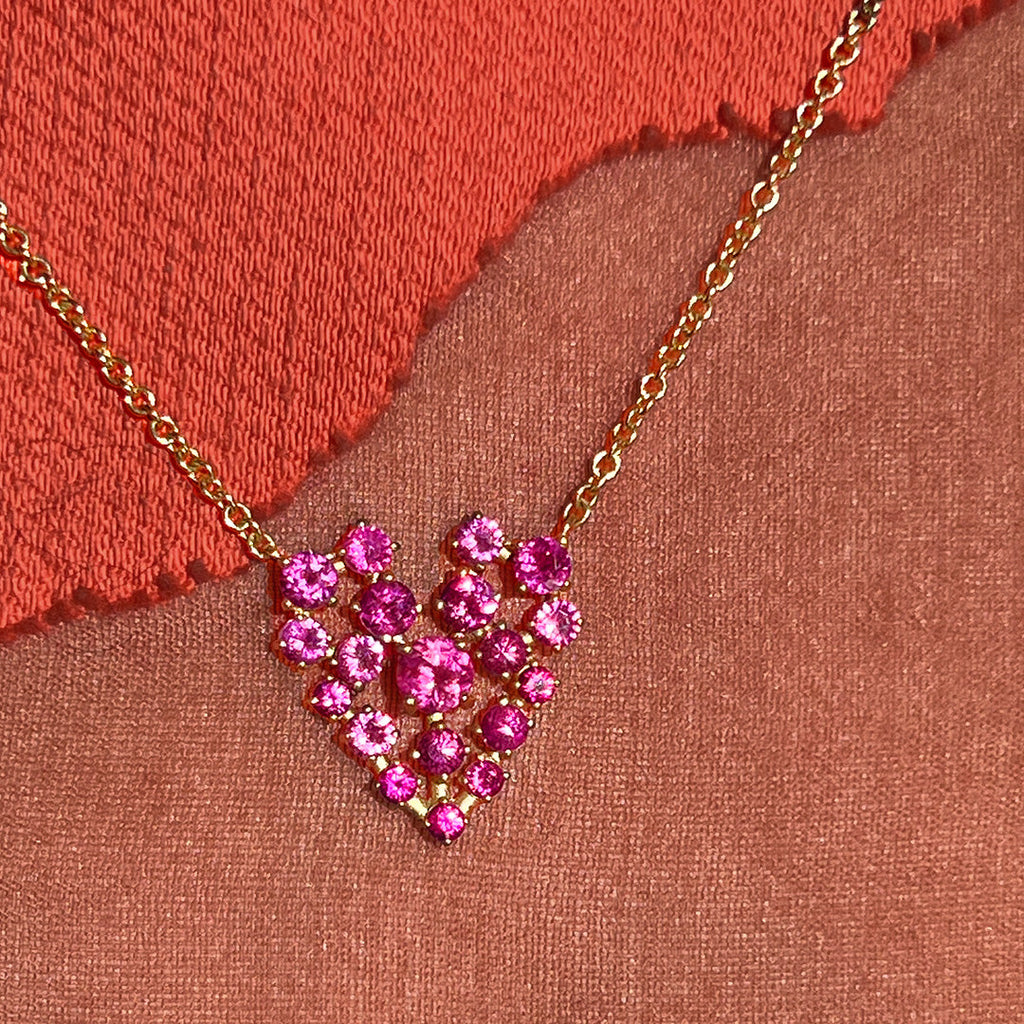 Unique Celestial Ruby Pave Heart Charm Necklace in Gold By Valley Rose Ethical Jewelry