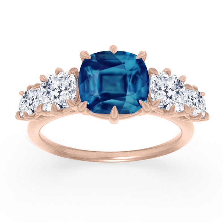 Cushion Cut blue Sapphire and Diamond Engagement Ring, Five Stone Ring By Valley Rose