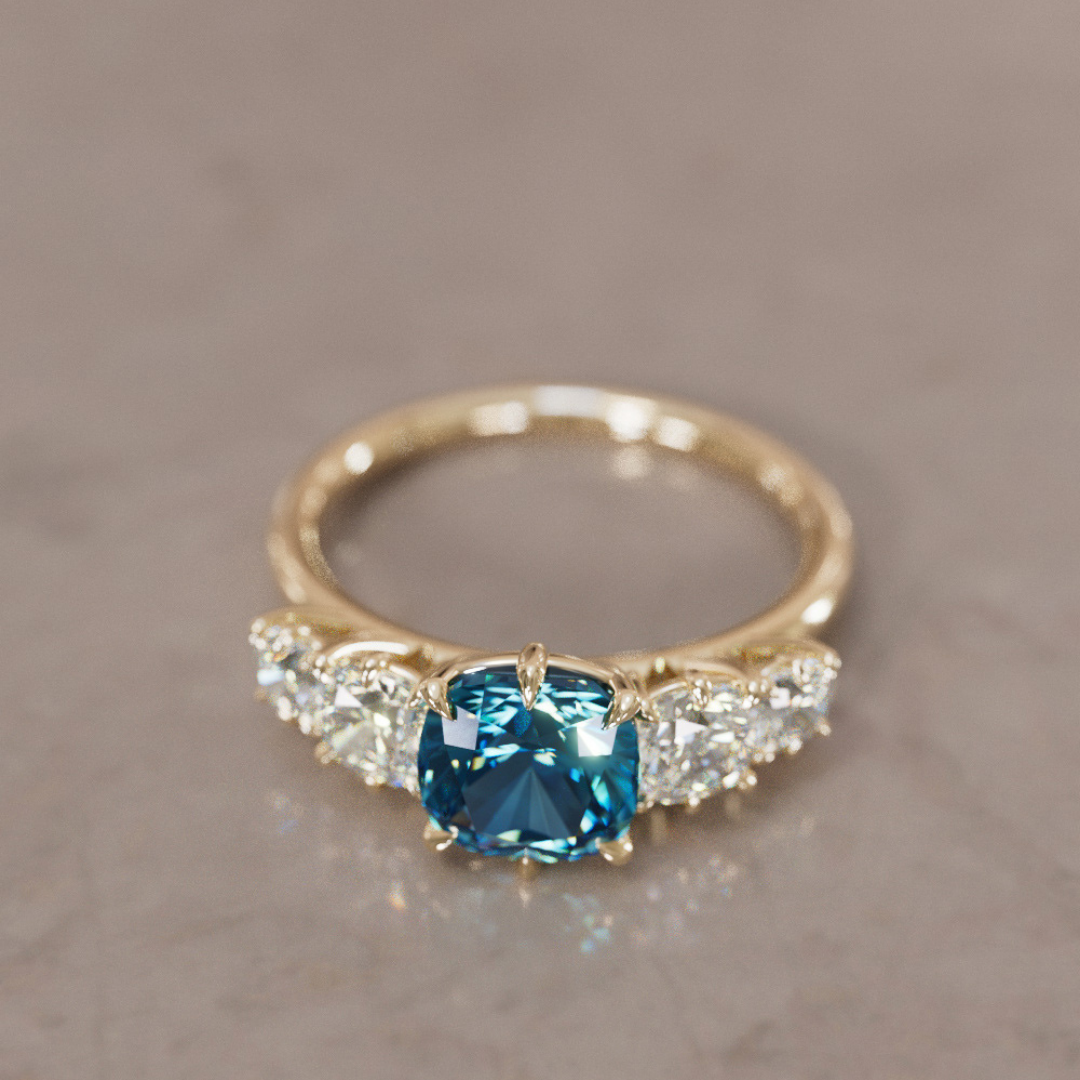 Cushion Cut blue Sapphire and Diamond Engagement Ring, Five Stone Ring By Valley Rose