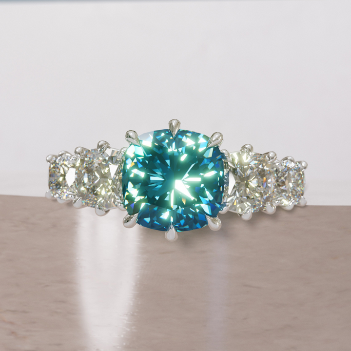 Cushion Cut blue Sapphire and Diamond Engagement Ring, Five Stone Ring By Valley Rose