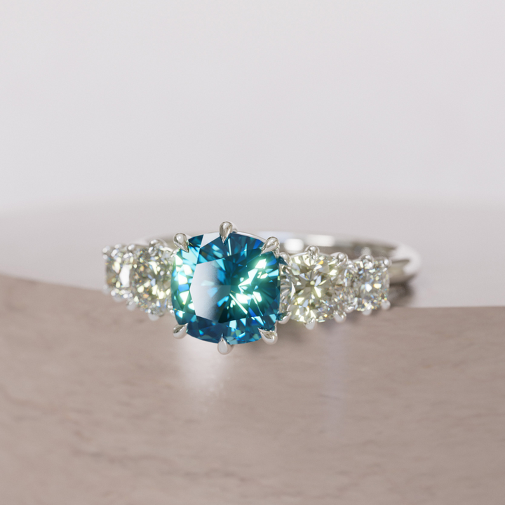 Cushion Cut blue Sapphire and Diamond Engagement Ring, Five Stone Ring By Valley Rose