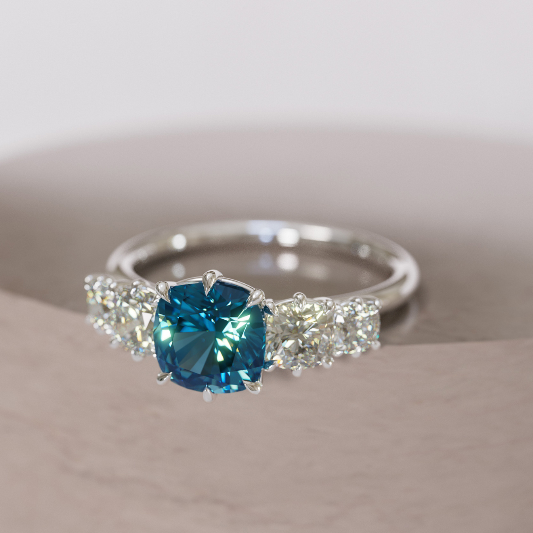 Cushion Cut blue Sapphire and Diamond Engagement Ring, Five Stone Ring By Valley Rose