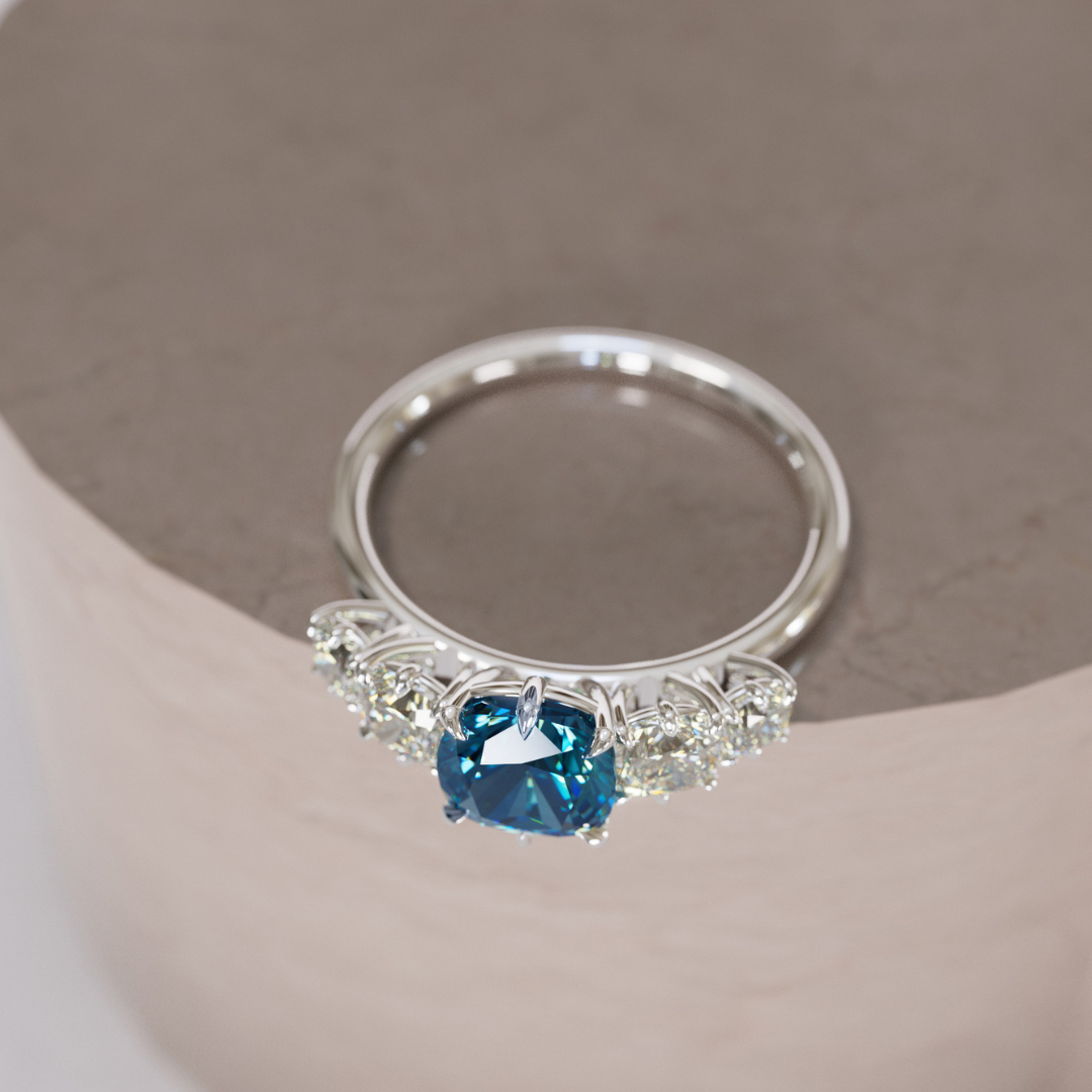 Cushion Cut blue Sapphire and Diamond Engagement Ring, Five Stone Ring By Valley Rose