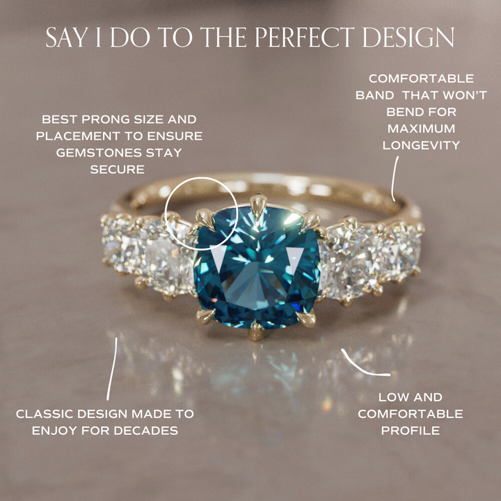 Cushion Cut blue Sapphire and Diamond Engagement Ring, Five Stone Ring By Valley Rose