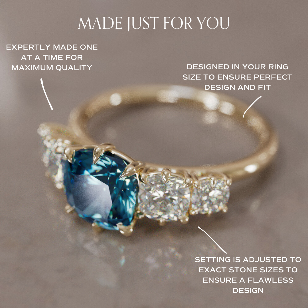 Cushion Cut blue Sapphire and Diamond Engagement Ring, Five Stone Ring By Valley Rose