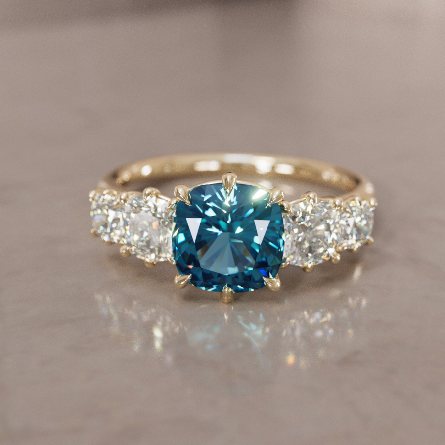 Cushion Cut blue Sapphire and Diamond Engagement Ring, Five Stone Ring By Valley Rose