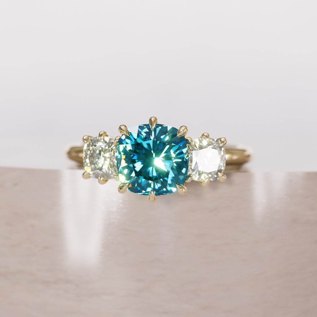 Cushion Cut Blue Sapphire and Diamond Engagement Ring, Three Stone Ring By Valley Rose