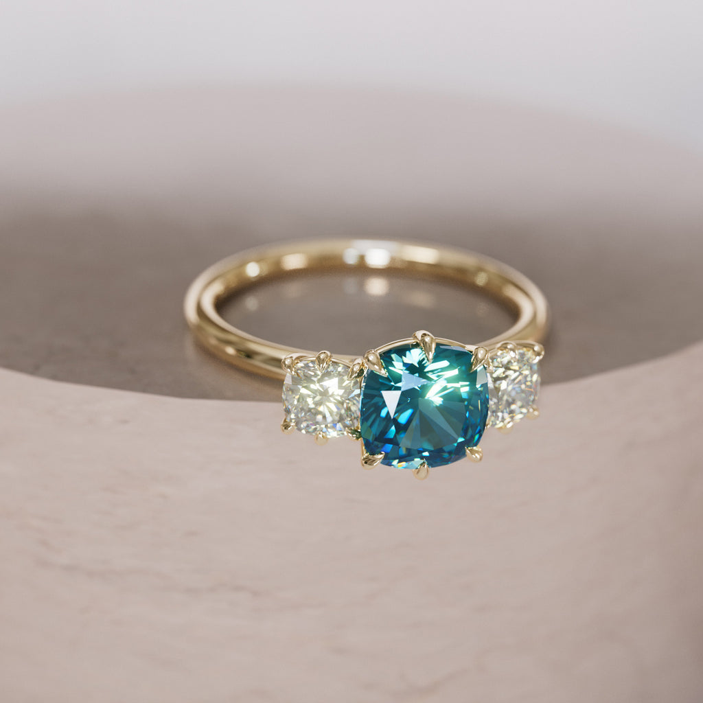 Cushion Cut Blue Sapphire and Diamond Engagement Ring, Three Stone Ring By Valley Rose