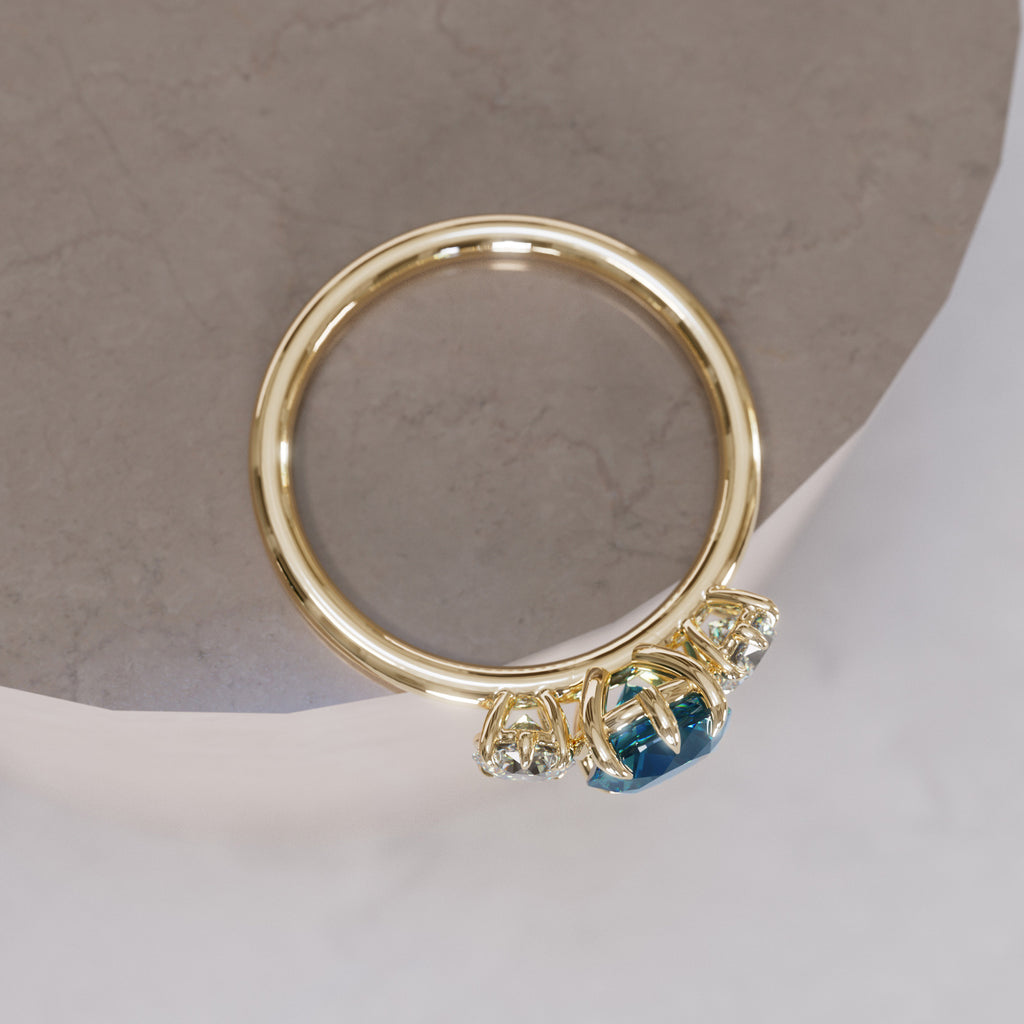 Cushion Cut Blue Sapphire and Diamond Engagement Ring, Three Stone Ring By Valley Rose