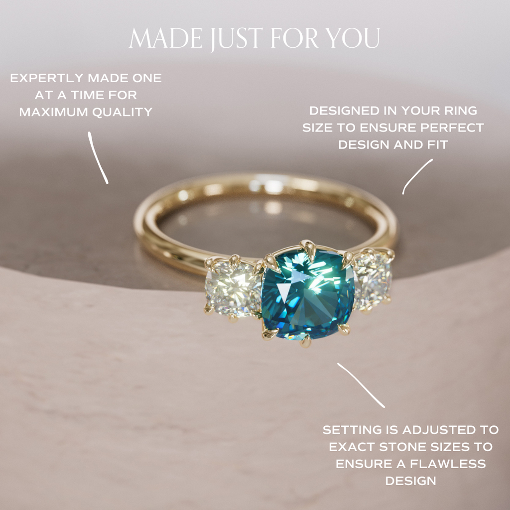 Cushion Cut Blue Sapphire and Diamond Engagement Ring, Three Stone Ring By Valley Rose