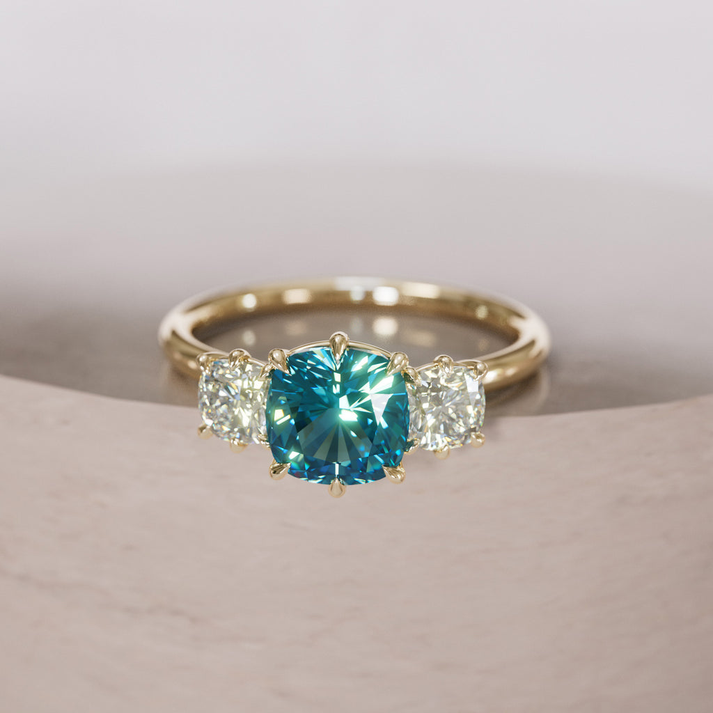 Cushion Cut Blue Sapphire and Diamond Engagement Ring, Three Stone Ring By Valley Rose