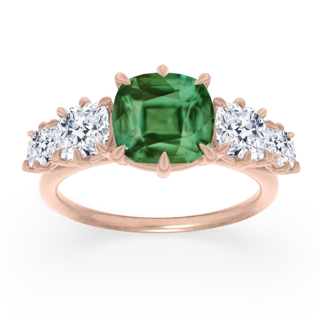 Cushion Cut Green Sapphire and Diamond Engagement Ring, Five Stone Ring By Valley Rose