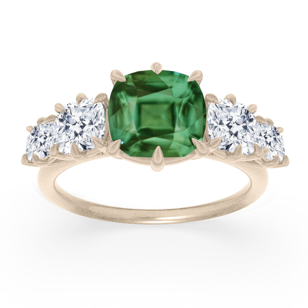 Cushion Cut Green Sapphire and Diamond Engagement Ring, Five Stone Ring By Valley Rose