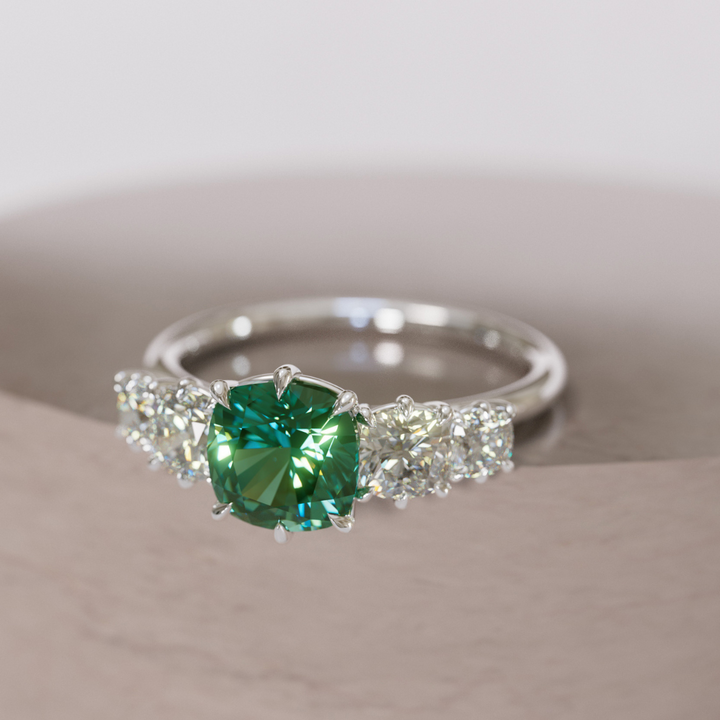 Cushion Cut Green Sapphire and Diamond Engagement Ring, Five Stone Ring By Valley Rose