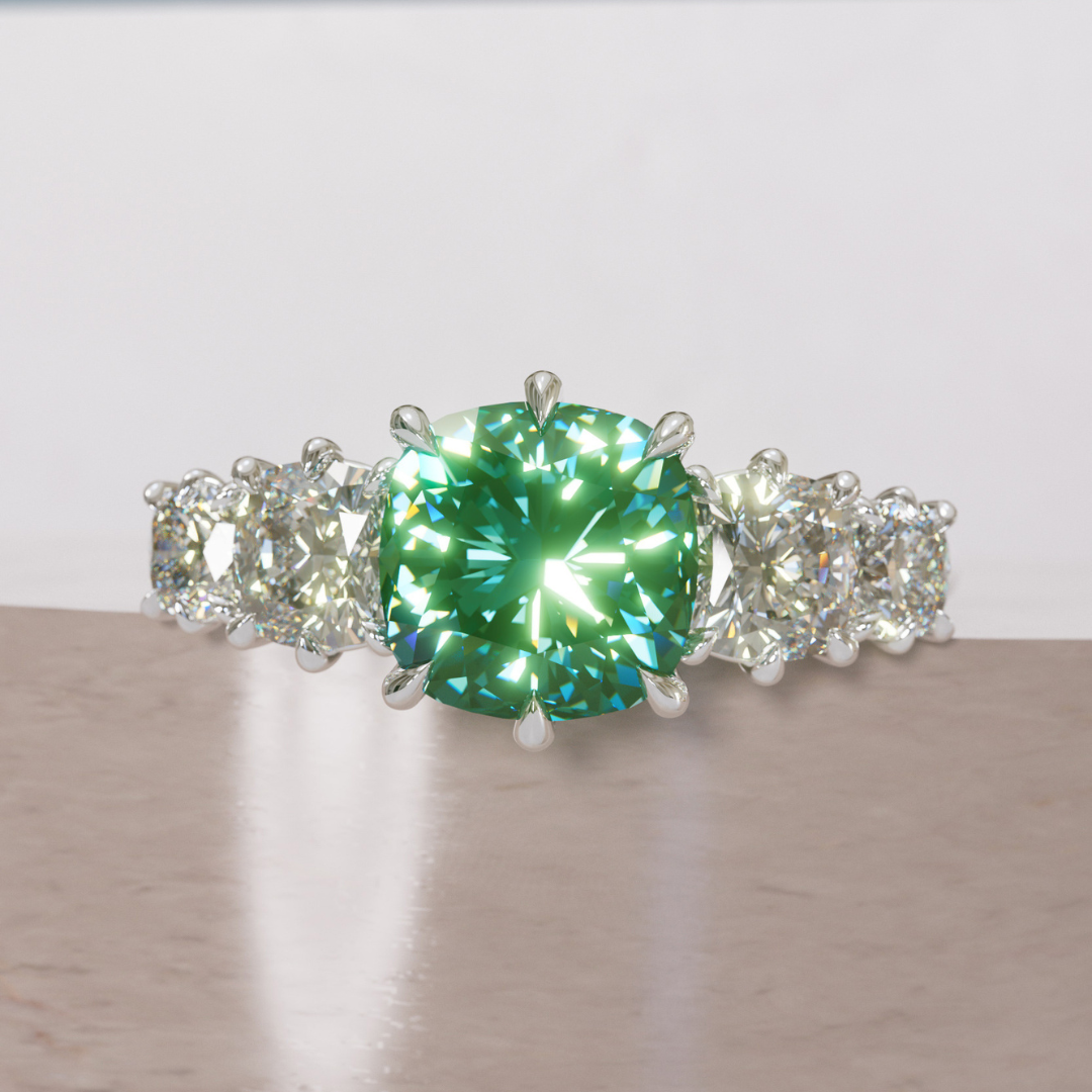 Cushion Cut Green Sapphire and Diamond Engagement Ring, Five Stone Ring By Valley Rose