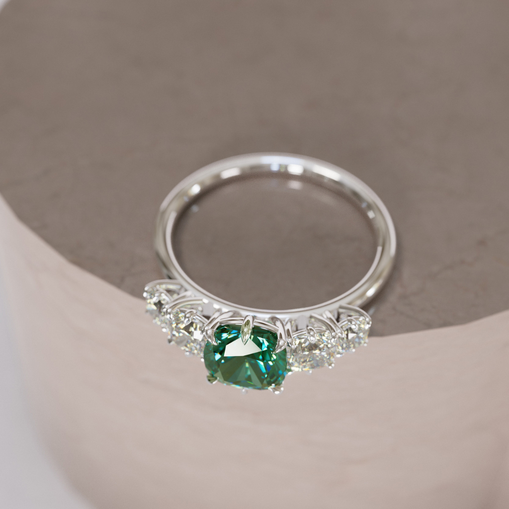Cushion Cut Green Sapphire and Diamond Engagement Ring, Five Stone Ring By Valley Rose