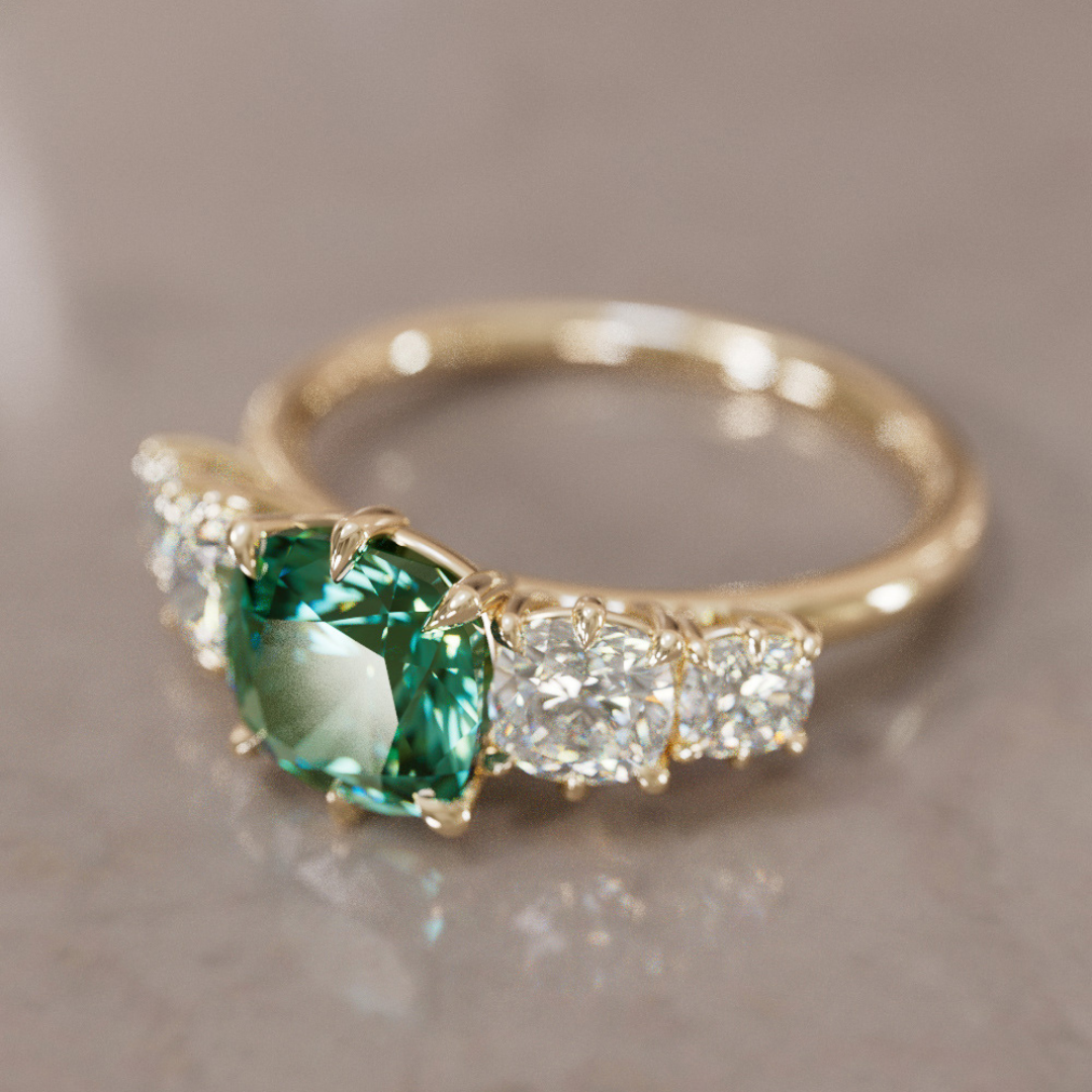 Cushion Cut Green Sapphire and Diamond Engagement Ring, Five Stone Ring By Valley Rose