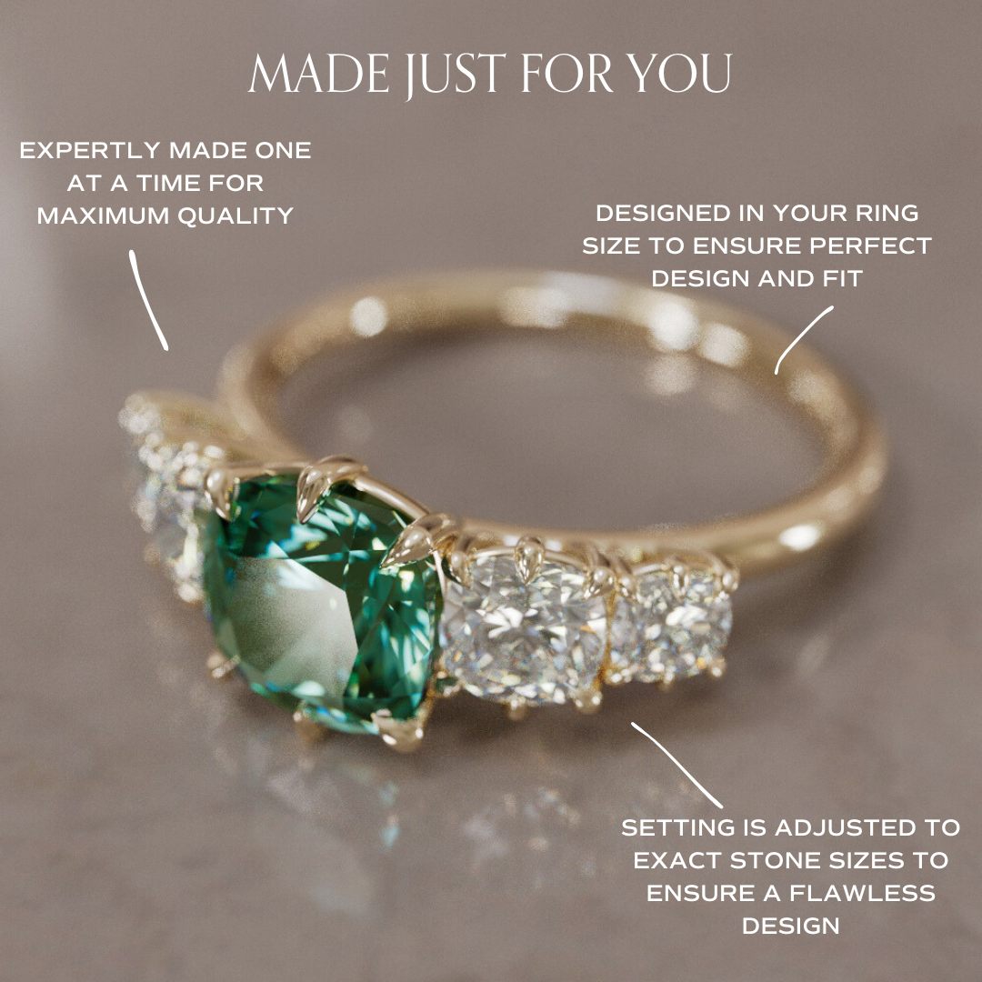 Cushion Cut Green Sapphire and Diamond Engagement Ring, Five Stone Ring By Valley Rose