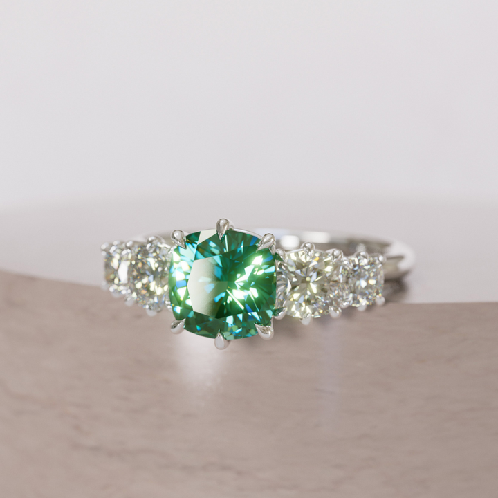 Cushion Cut Green Sapphire and Diamond Engagement Ring, Five Stone Ring By Valley Rose