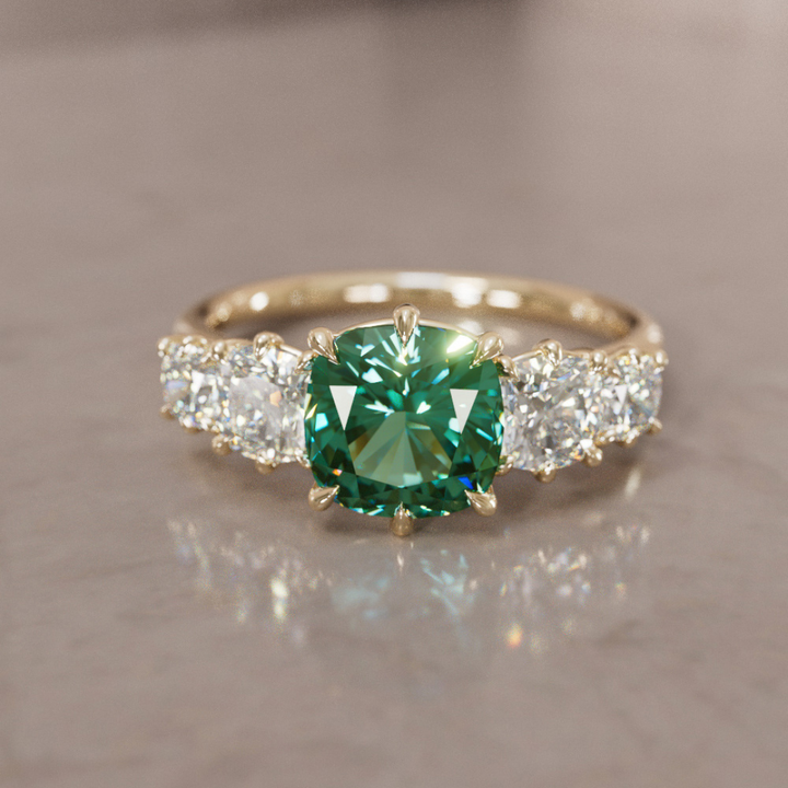 Cushion Cut Green Sapphire and Diamond Engagement Ring, Five Stone Ring By Valley Rose