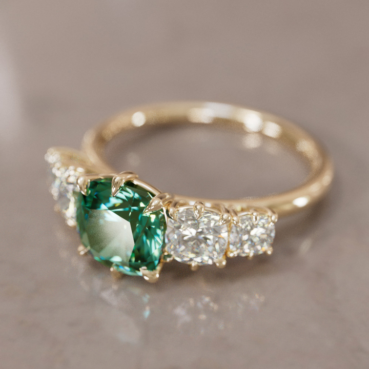 Cushion Cut Green Sapphire and Diamond Engagement Ring, Five Stone Ring By Valley Rose