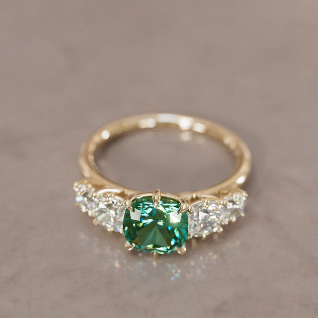 Cushion Cut Green Sapphire and Diamond Engagement Ring, Five Stone Ring By Valley Rose